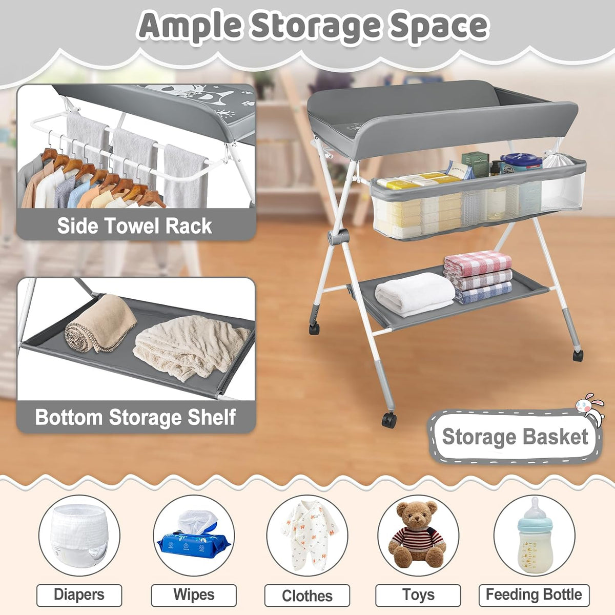 Baby Changing Table, Portable Folding Diaper Changing Station with Wheels