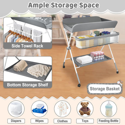 Baby Changing Table, Portable Folding Diaper Changing Station with Wheels