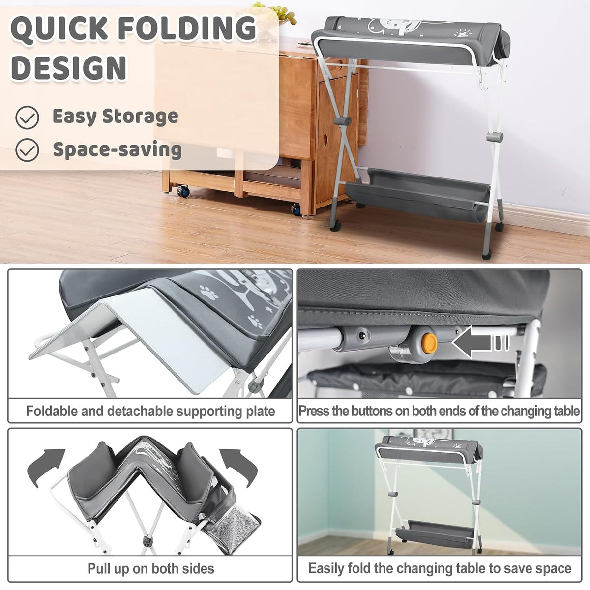 Baby Changing Table, Portable Folding Diaper Changing Station with Wheels