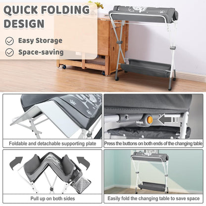 Baby Changing Table, Portable Folding Diaper Changing Station with Wheels