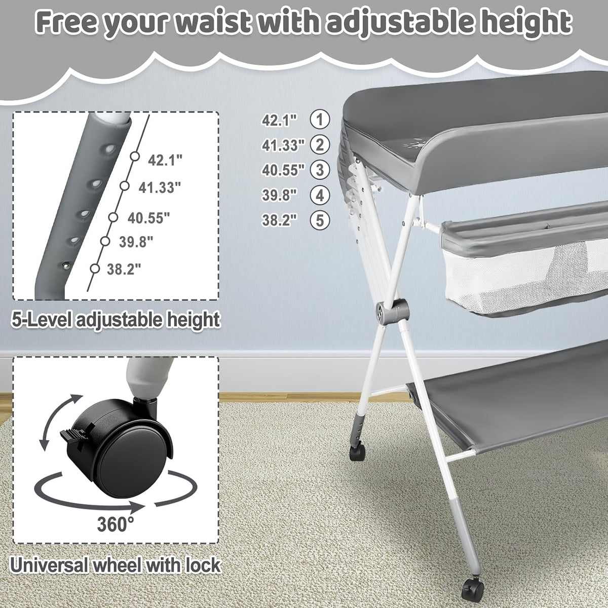 Baby Changing Table, Portable Folding Diaper Changing Station with Wheels