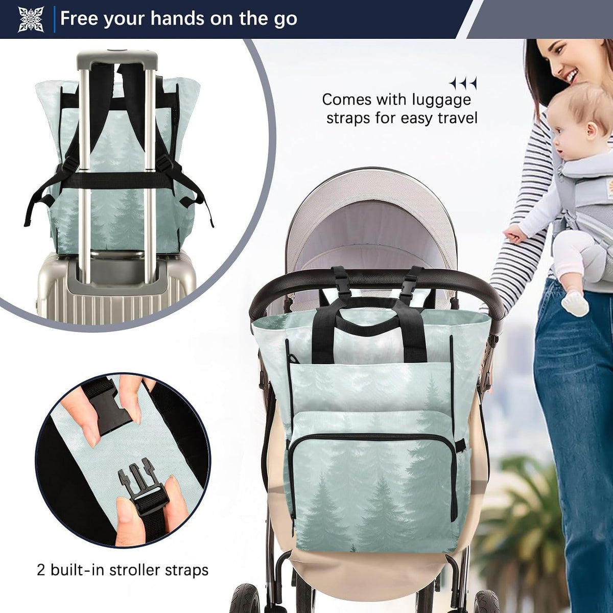 Diaper Bag Backpack, Multifunction Travel Bag for Moms Dads, Baby Changing Bag with Insulted Pockets, Stroller Straps and Side Bottle Pockets Misty Pine Pattern