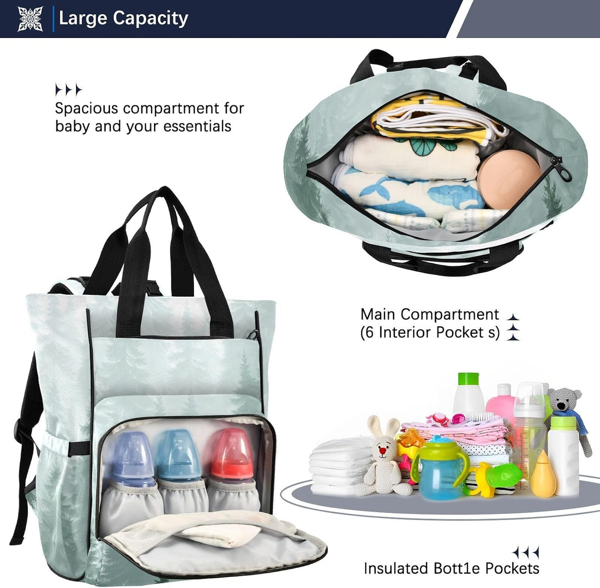 Diaper Bag Backpack, Multifunction Travel Bag for Moms Dads, Baby Changing Bag with Insulted Pockets, Stroller Straps and Side Bottle Pockets Misty Pine Pattern