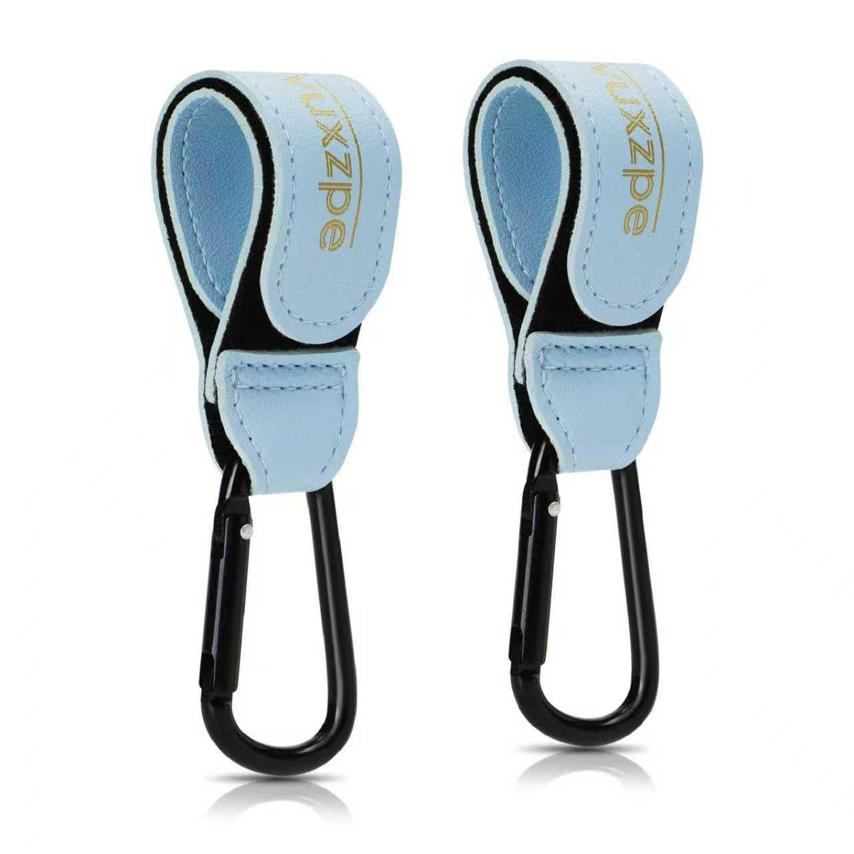 Heavy Duty Stroller Hooks 2 Pack, Premium Faux Leather Large Carabiners, Universal Hanging Clips for Diaper Bags, Shopping Bags & Carts, Baby Blue