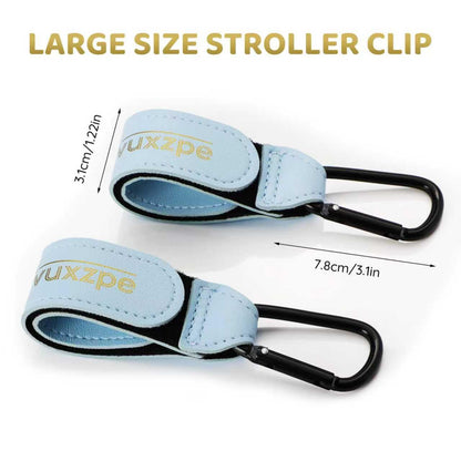 Heavy Duty Stroller Hooks 2 Pack, Premium Faux Leather Large Carabiners, Universal Hanging Clips for Diaper Bags, Shopping Bags & Carts, Baby Blue