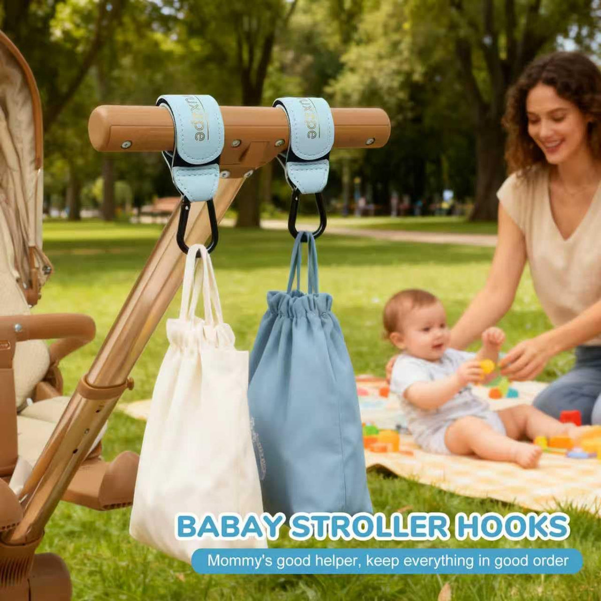 Heavy Duty Stroller Hooks 2 Pack, Premium Faux Leather Large Carabiners, Universal Hanging Clips for Diaper Bags, Shopping Bags & Carts, Baby Blue