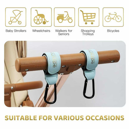 Heavy Duty Stroller Hooks 2 Pack, Premium Faux Leather Large Carabiners, Universal Hanging Clips for Diaper Bags, Shopping Bags & Carts, Baby Blue