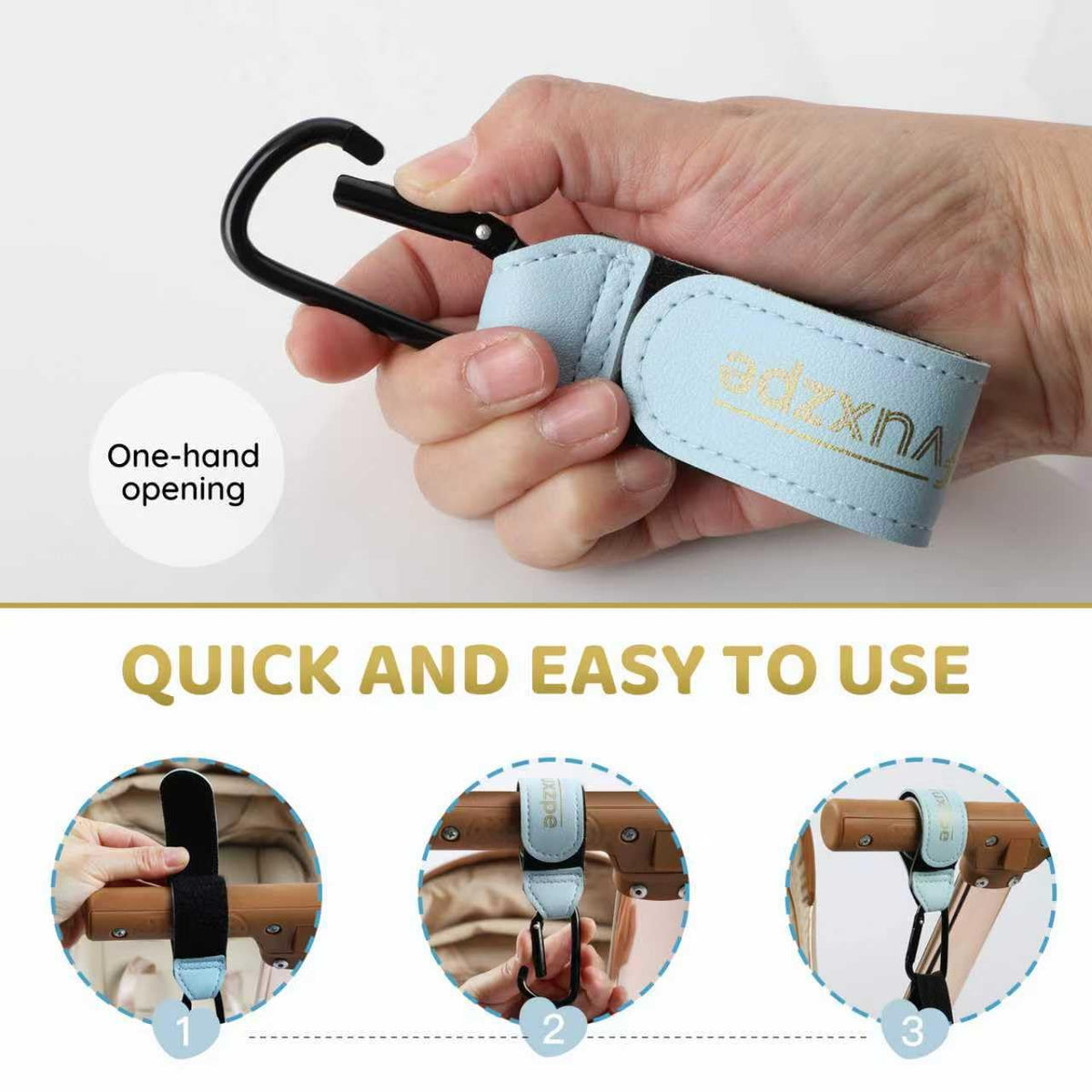 Heavy Duty Stroller Hooks 2 Pack, Premium Faux Leather Large Carabiners, Universal Hanging Clips for Diaper Bags, Shopping Bags & Carts, Baby Blue