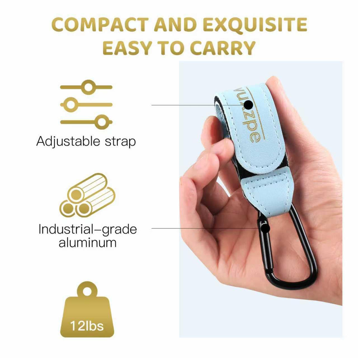 Heavy Duty Stroller Hooks 2 Pack, Premium Faux Leather Large Carabiners, Universal Hanging Clips for Diaper Bags, Shopping Bags & Carts, Baby Blue