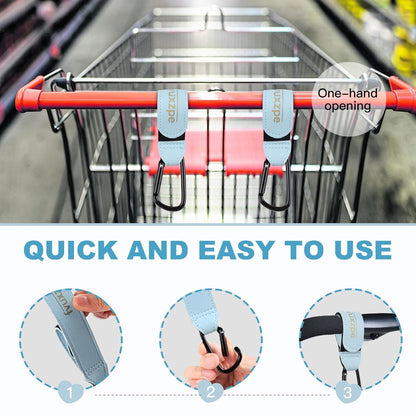 Heavy Duty Stroller Hooks 2 Pack, Premium Faux Leather Large Carabiners, Universal Hanging Clips for Diaper Bags, Shopping Bags & Carts, Baby Blue