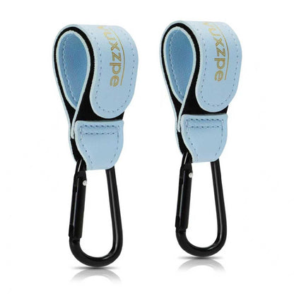 Heavy Duty Stroller Hooks 2 Pack, Premium Faux Leather Large Carabiners, Universal Hanging Clips for Diaper Bags, Shopping Bags & Carts, Baby Blue