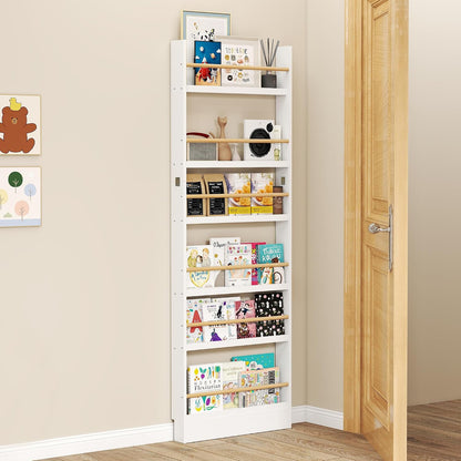 6 Tier Behind The Door Bookshelf, Space Saving Behind The Door Bookcase Wooden Kids Wall Bookcase for Bedroom Living Room Playroom (White)