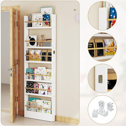 6 Tier Behind The Door Bookshelf, Space Saving Behind The Door Bookcase Wooden Kids Wall Bookcase for Bedroom Living Room Playroom (White)
