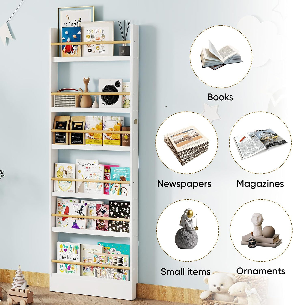 6 Tier Behind The Door Bookshelf, Space Saving Behind The Door Bookcase Wooden Kids Wall Bookcase for Bedroom Living Room Playroom (White)
