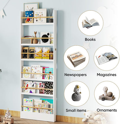 6 Tier Behind The Door Bookshelf, Space Saving Behind The Door Bookcase Wooden Kids Wall Bookcase for Bedroom Living Room Playroom (White)