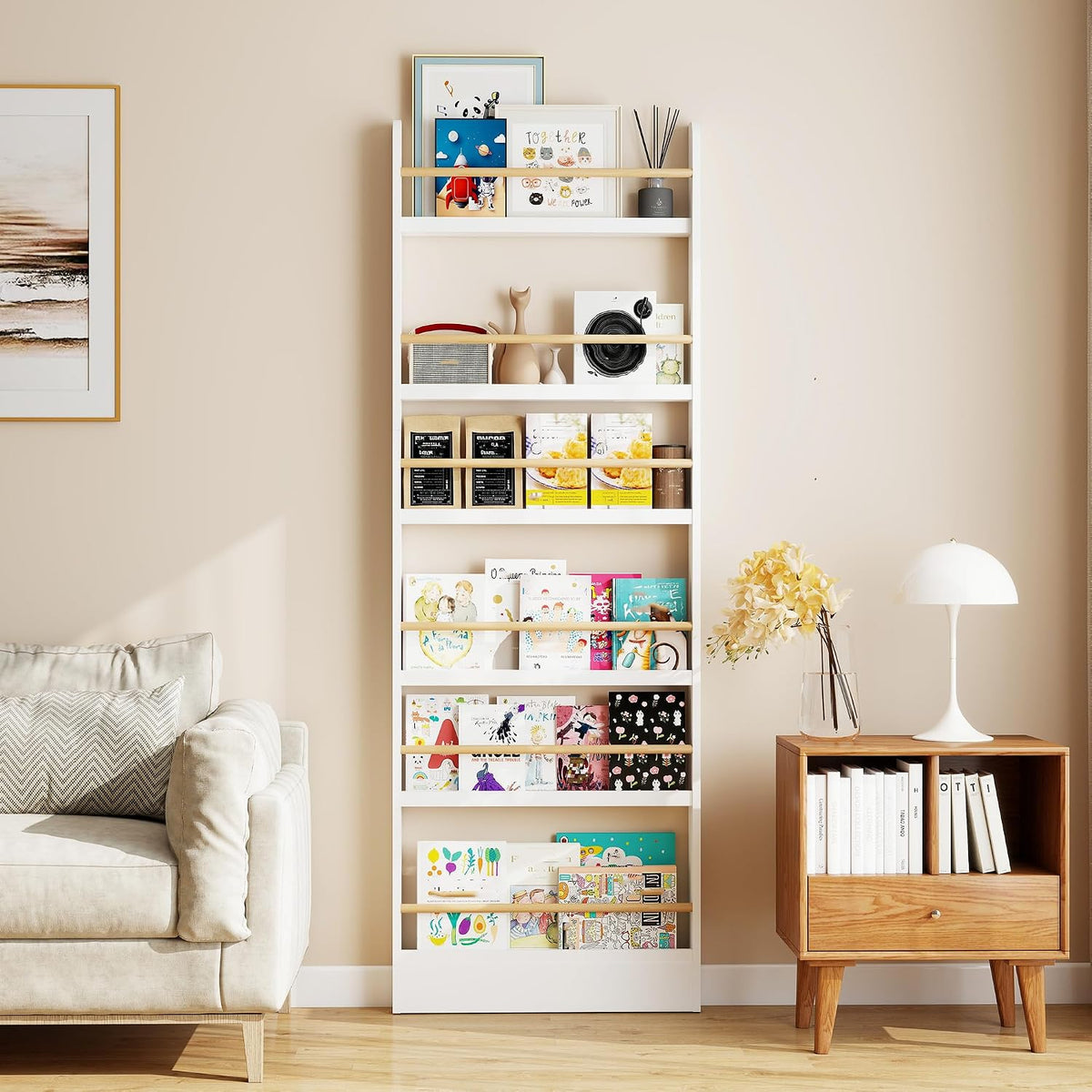 6 Tier Behind The Door Bookshelf, Space Saving Behind The Door Bookcase Wooden Kids Wall Bookcase for Bedroom Living Room Playroom (White)