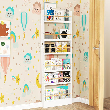 6 Tier Behind The Door Bookshelf, Space Saving Behind The Door Bookcase Wooden Kids Wall Bookcase for Bedroom Living Room Playroom (White)