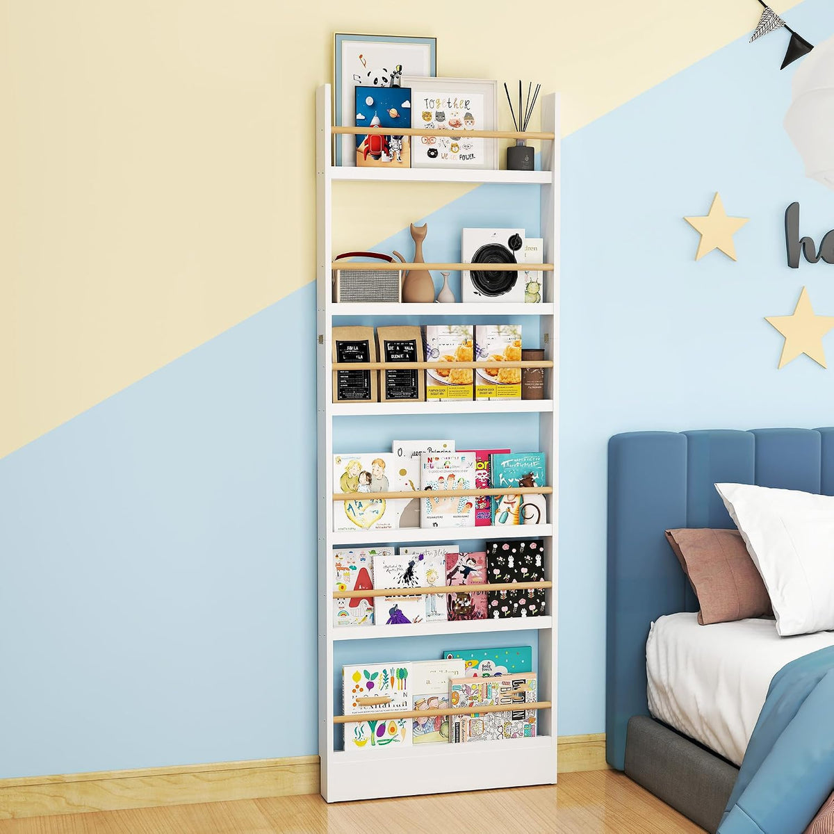6 Tier Behind The Door Bookshelf, Space Saving Behind The Door Bookcase Wooden Kids Wall Bookcase for Bedroom Living Room Playroom (White)