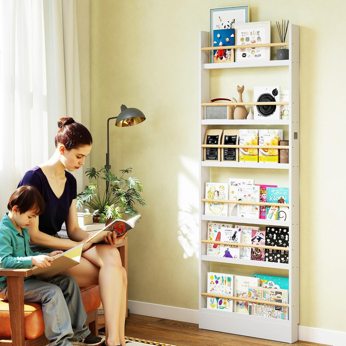 6 Tier Behind The Door Bookshelf, Space Saving Behind The Door Bookcase Wooden Kids Wall Bookcase for Bedroom Living Room Playroom (White)