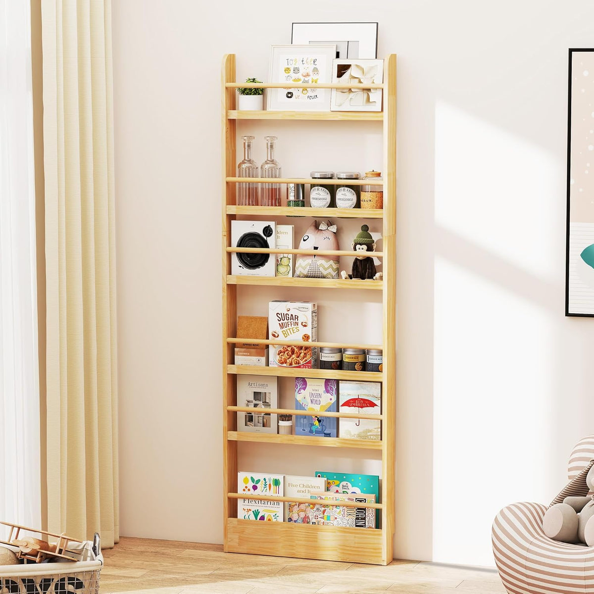 6 Tier Behind The Door Bookshelf, Space Saving Behind The Door Bookcase Wooden Kids Wall Bookcase for Bedroom Living Room Playroom (White)
