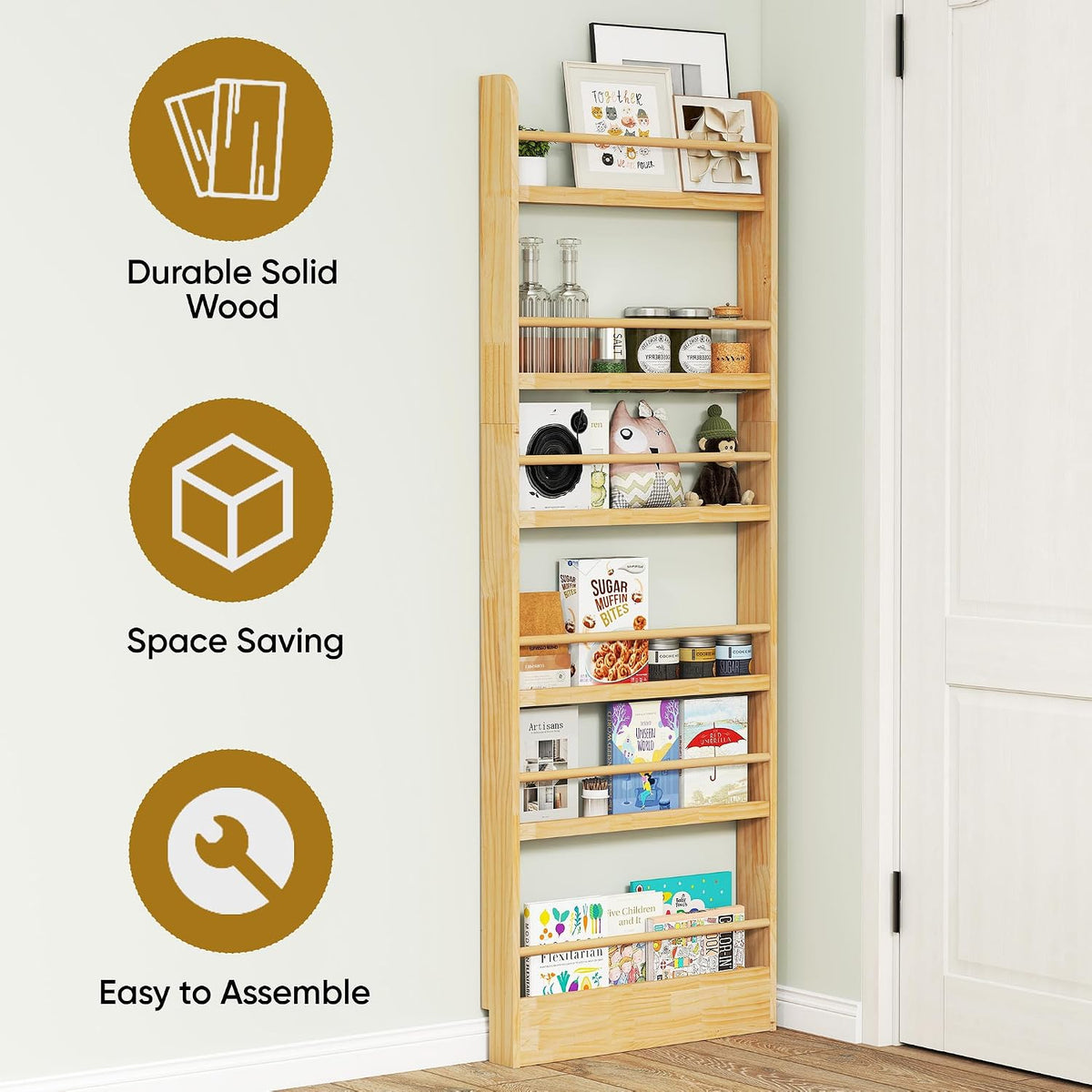 6 Tier Behind The Door Bookshelf, Space Saving Behind The Door Bookcase Wooden Kids Wall Bookcase for Bedroom Living Room Playroom (White)