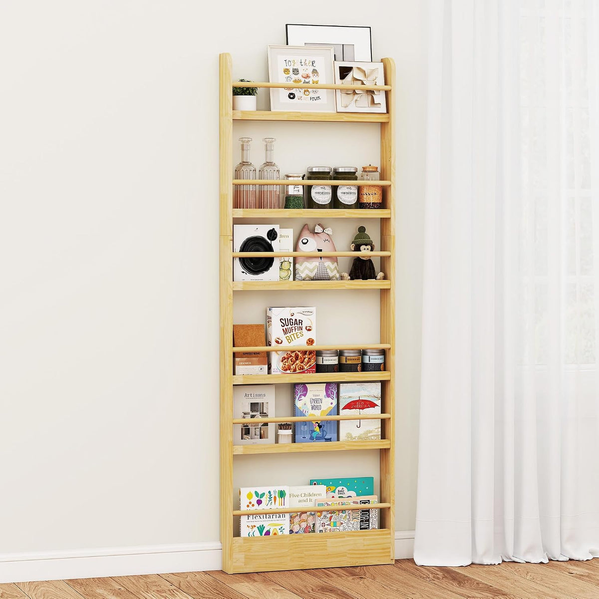 6 Tier Behind The Door Bookshelf, Space Saving Behind The Door Bookcase Wooden Kids Wall Bookcase for Bedroom Living Room Playroom (White)