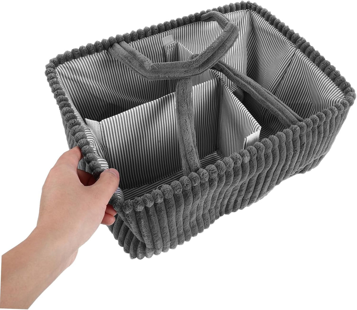 Corduroy Diaper Caddy Organizer with Carry Handle and Removable Dividers, Rectangular Fabric Storage Basket for Nursery and Home Essentials