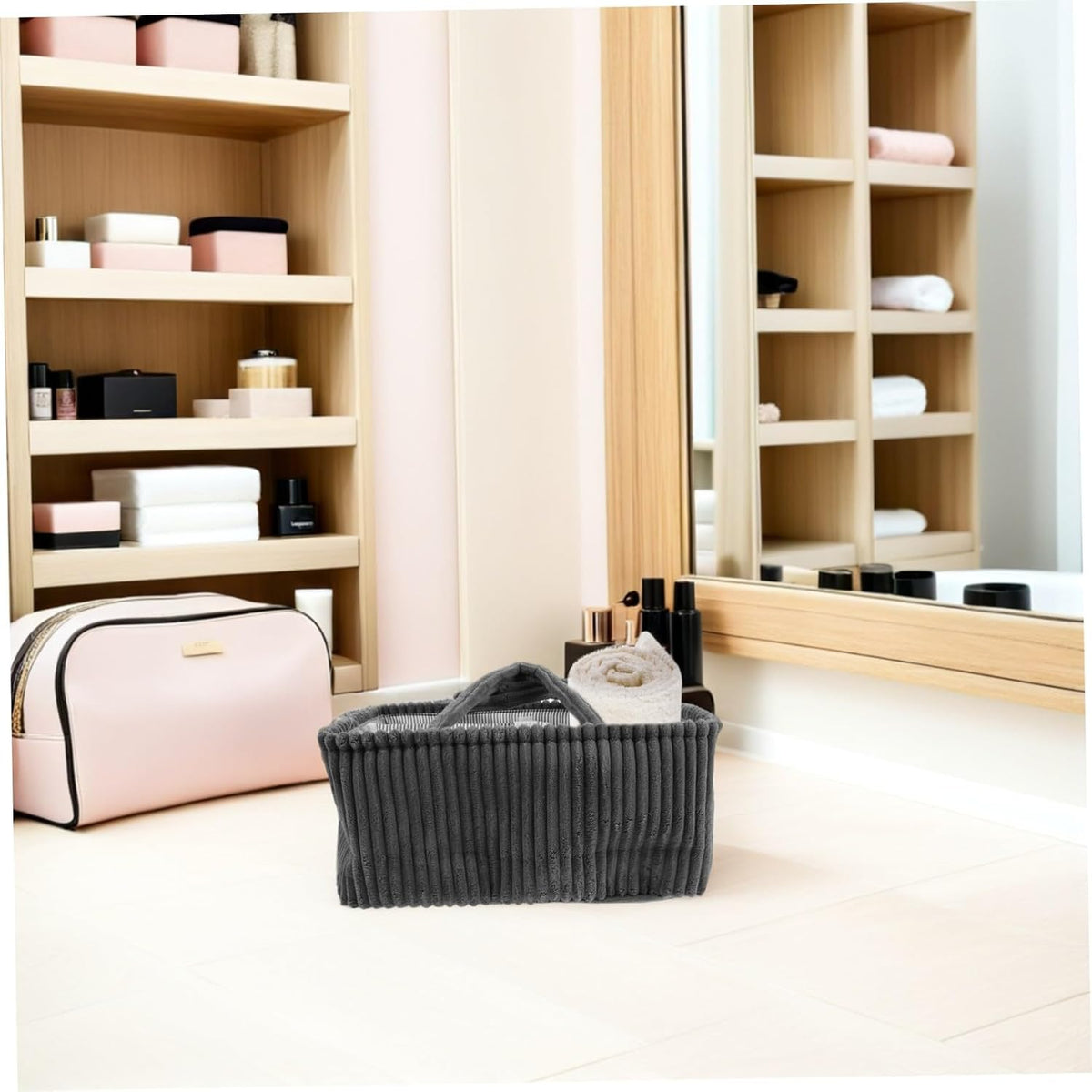 Corduroy Diaper Caddy Organizer with Carry Handle and Removable Dividers, Rectangular Fabric Storage Basket for Nursery and Home Essentials