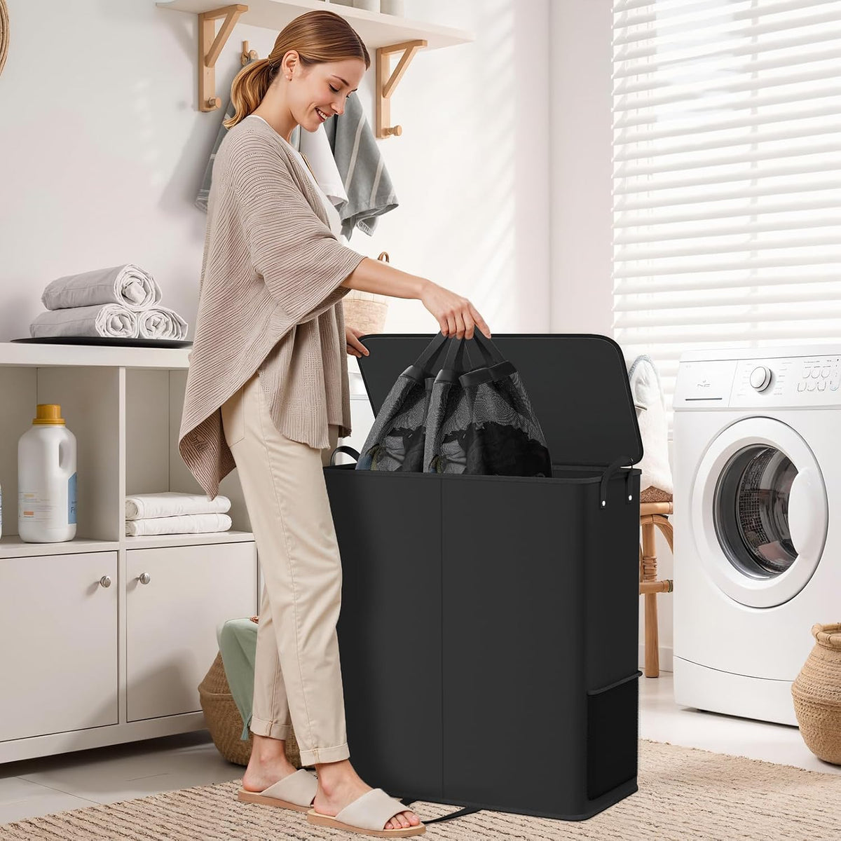 136L 2 Section Laundry Hamper with Lid, Laundry Basket, Gray
