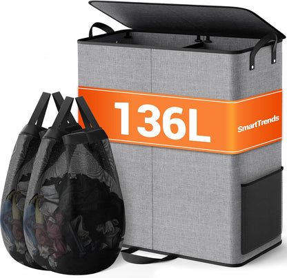 136L 2 Section Laundry Hamper with Lid, Laundry Basket, Gray