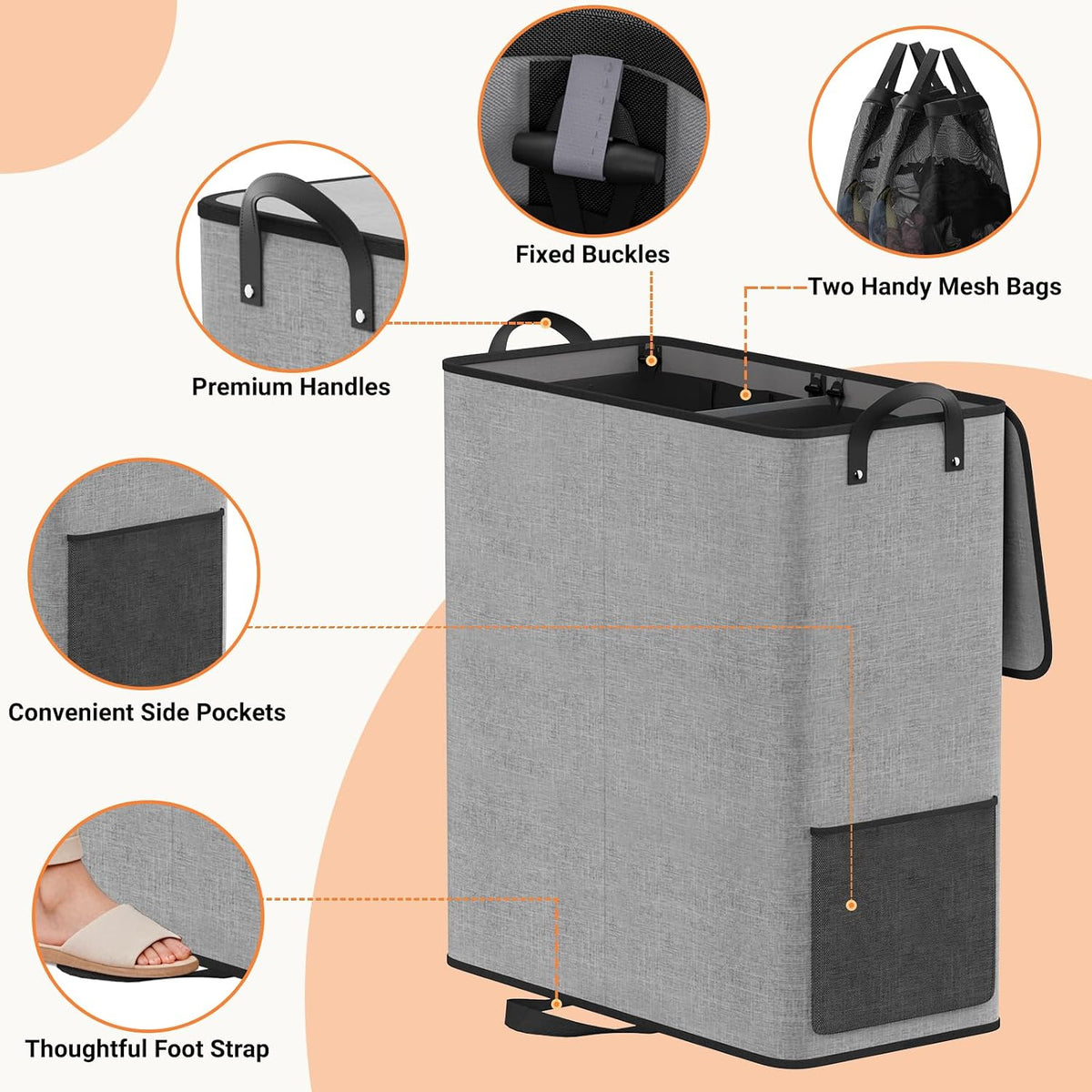 136L 2 Section Laundry Hamper with Lid, Laundry Basket, Gray