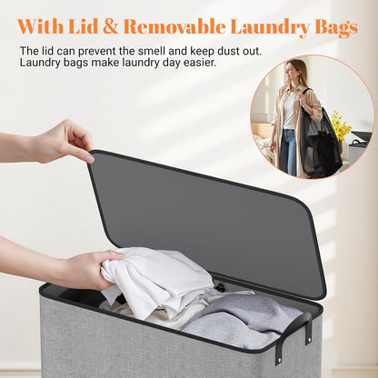 136L 2 Section Laundry Hamper with Lid, Laundry Basket, Gray