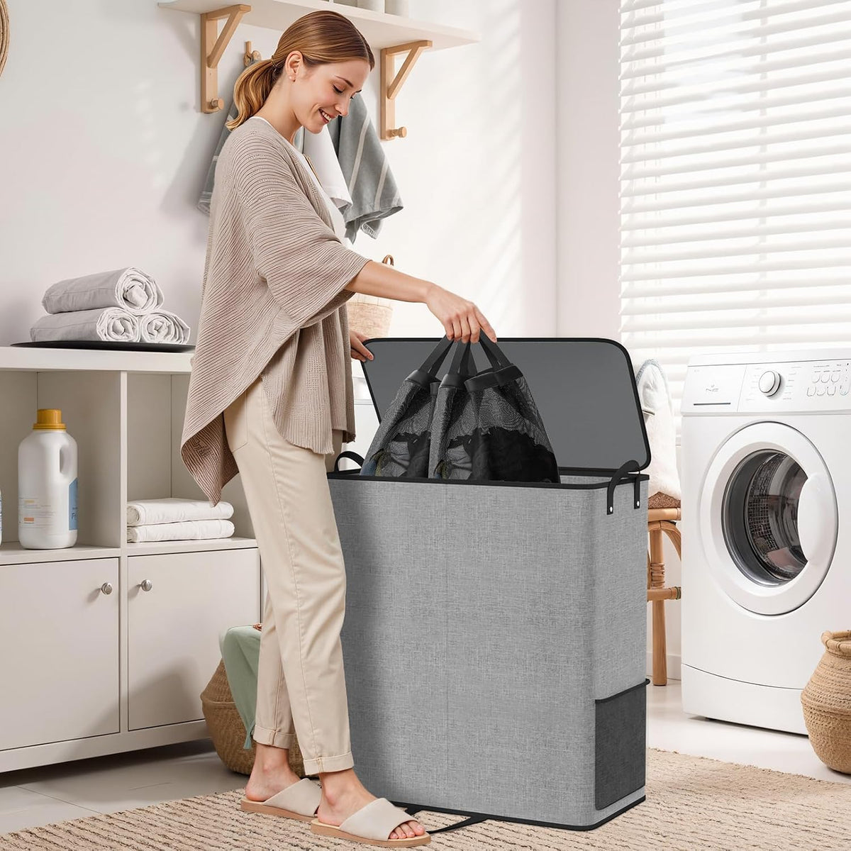 136L 2 Section Laundry Hamper with Lid, Laundry Basket, Gray