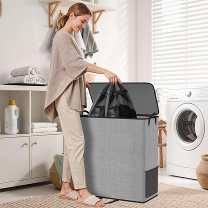 136L 2 Section Laundry Hamper with Lid, Laundry Basket, Gray
