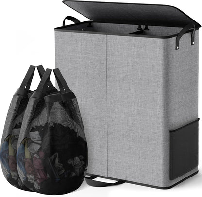136L 2 Section Laundry Hamper with Lid, Laundry Basket, Gray