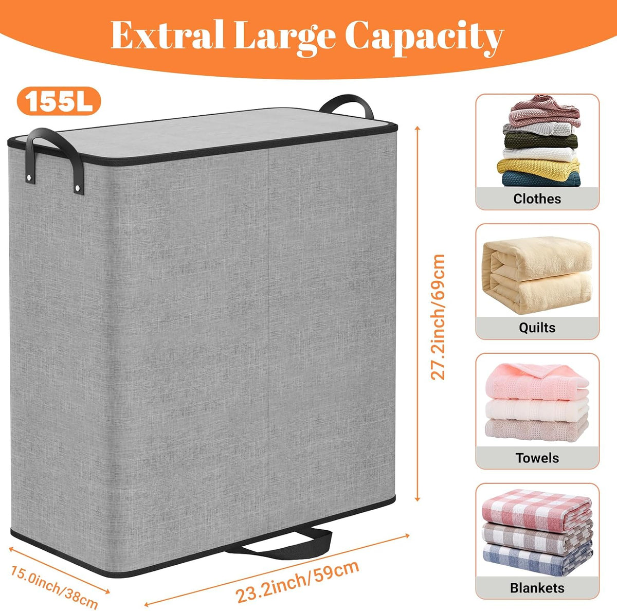 136L 2 Section Laundry Hamper with Lid, Laundry Basket, Gray