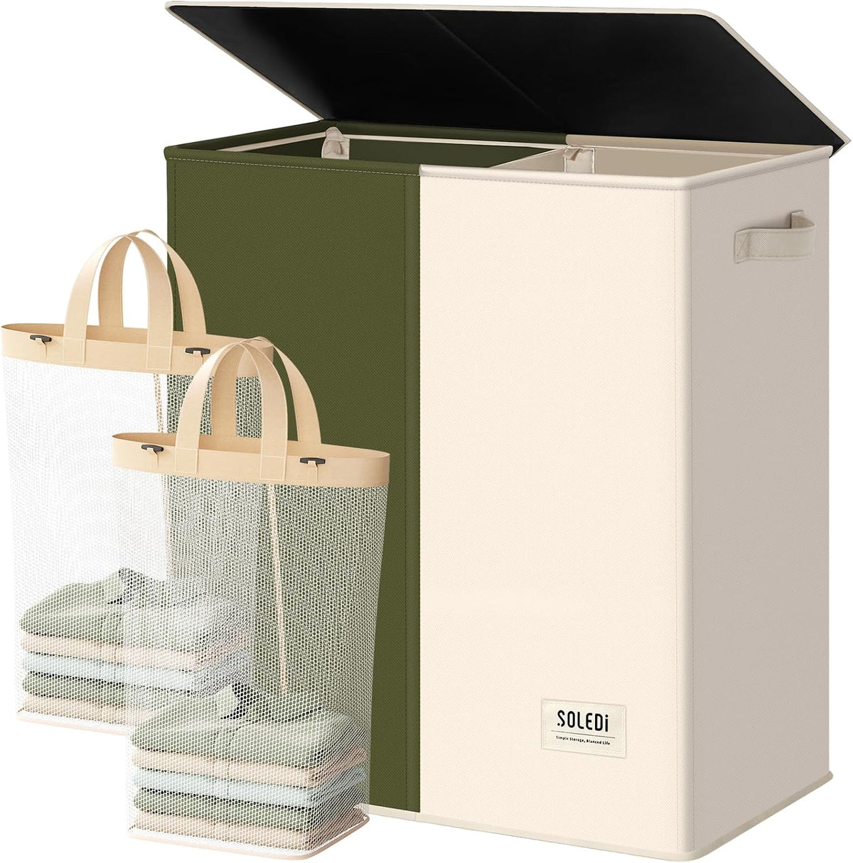 Luxury Double Laundry Hamper with Lid and Removable Bags, 38.3 Gal Large Laundry Bin, Laundry Basket 2 Sections, Collapsible Clothes Hamper for Bedroom, Laundry Room, Bathroom, Off-white
