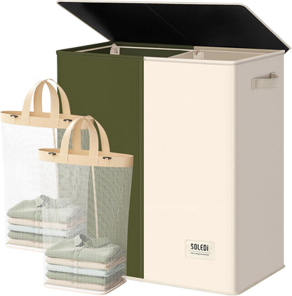 Luxury Double Laundry Hamper with Lid and Removable Bags, 38.3 Gal Large Laundry Bin, Laundry Basket 2 Sections, Collapsible Clothes Hamper for Bedroom, Laundry Room, Bathroom, Off-white