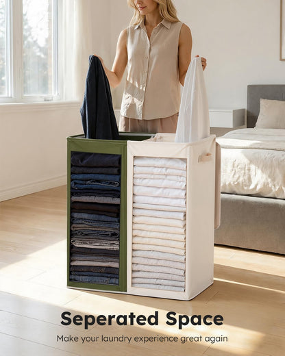 Luxury Double Laundry Hamper with Lid and Removable Bags, 38.3 Gal Large Laundry Bin, Laundry Basket 2 Sections, Collapsible Clothes Hamper for Bedroom, Laundry Room, Bathroom, Off-white