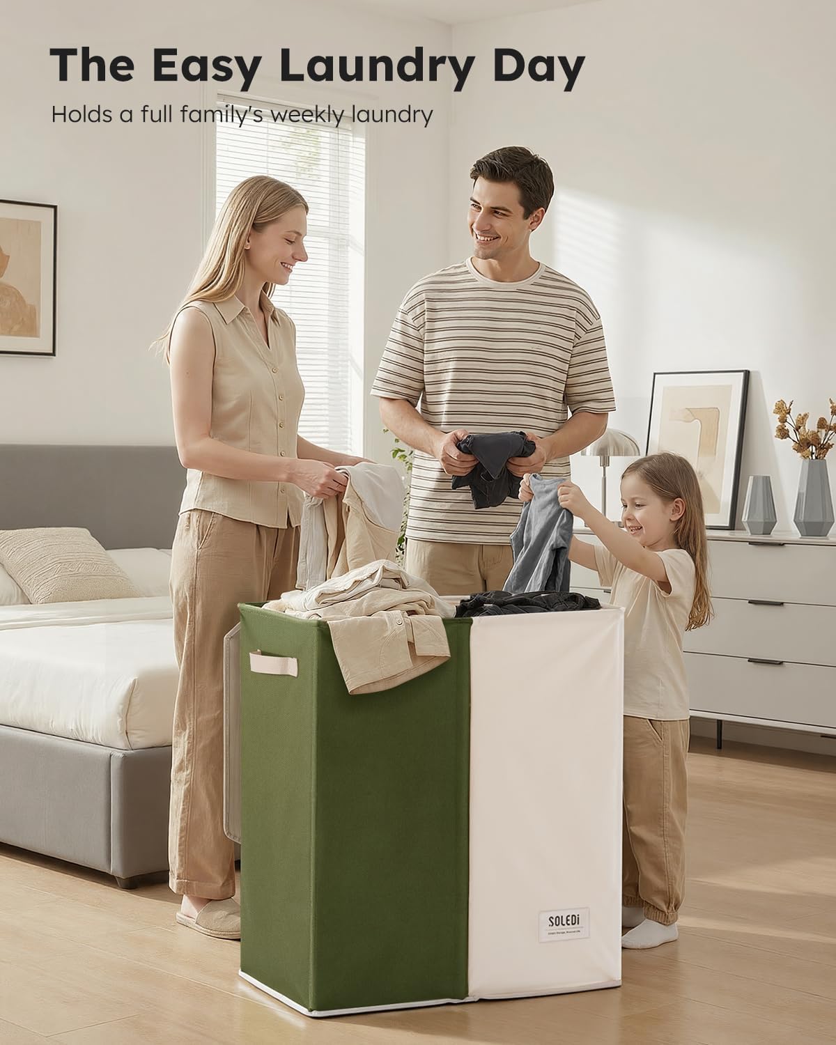 Luxury Double Laundry Hamper with Lid and Removable Bags, 38.3 Gal Large Laundry Bin, Laundry Basket 2 Sections, Collapsible Clothes Hamper for Bedroom, Laundry Room, Bathroom, Off-white