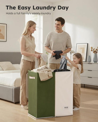 Luxury Double Laundry Hamper with Lid and Removable Bags, 38.3 Gal Large Laundry Bin, Laundry Basket 2 Sections, Collapsible Clothes Hamper for Bedroom, Laundry Room, Bathroom, Off-white
