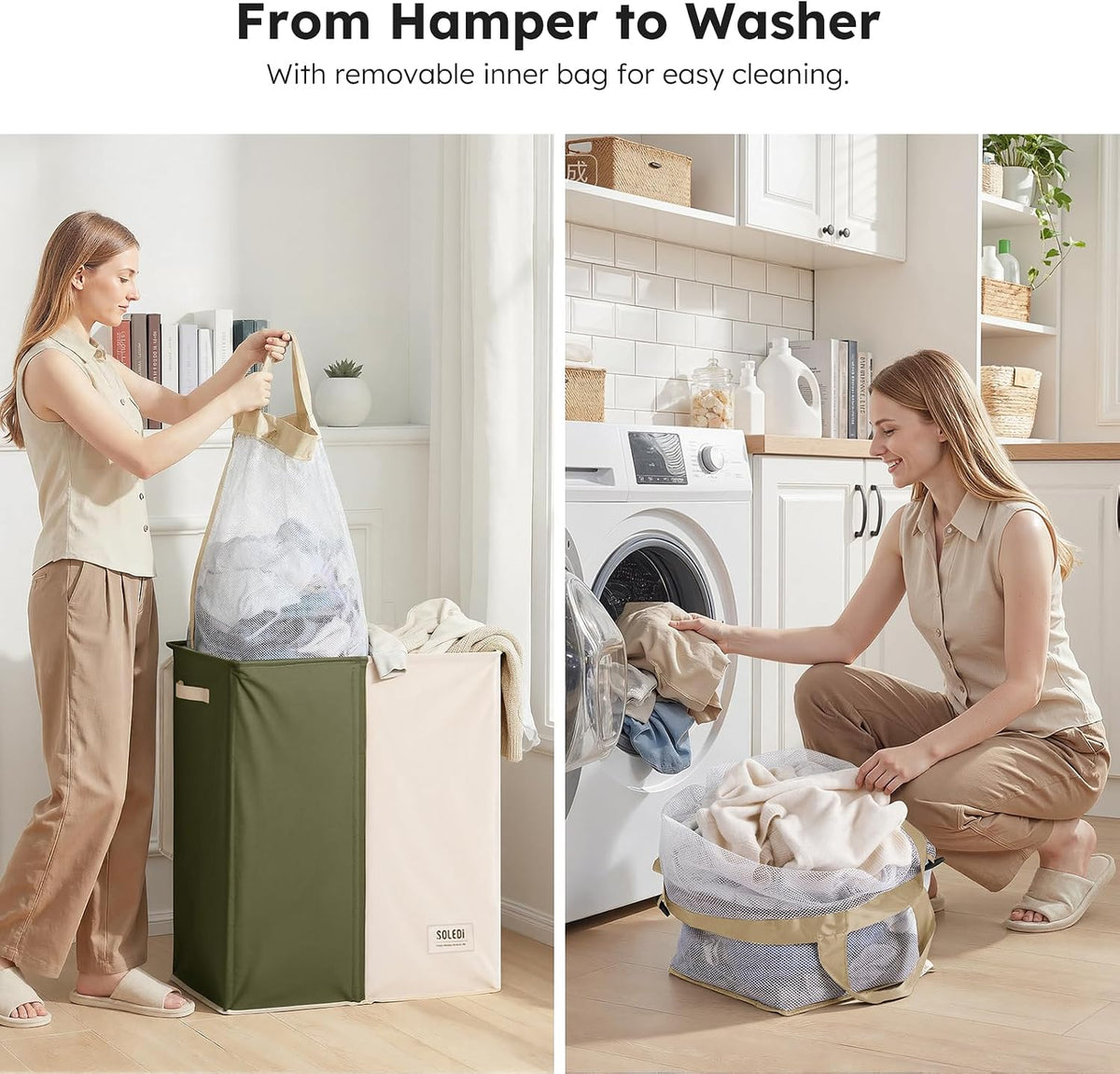 Luxury Double Laundry Hamper with Lid and Removable Bags, 38.3 Gal Large Laundry Bin, Laundry Basket 2 Sections, Collapsible Clothes Hamper for Bedroom, Laundry Room, Bathroom, Off-white