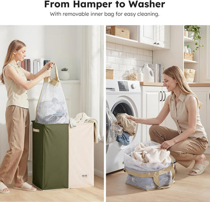 Luxury Double Laundry Hamper with Lid and Removable Bags, 38.3 Gal Large Laundry Bin, Laundry Basket 2 Sections, Collapsible Clothes Hamper for Bedroom, Laundry Room, Bathroom, Off-white