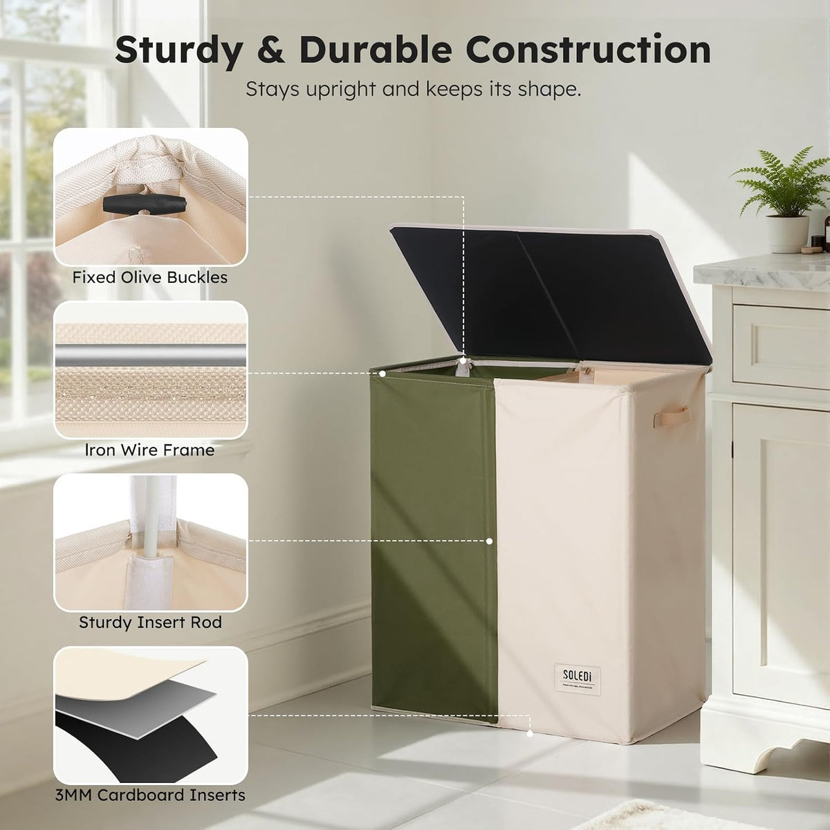 Luxury Double Laundry Hamper with Lid and Removable Bags, 38.3 Gal Large Laundry Bin, Laundry Basket 2 Sections, Collapsible Clothes Hamper for Bedroom, Laundry Room, Bathroom, Off-white