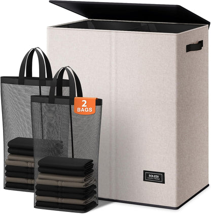 Luxury Double Laundry Hamper with Lid and Removable Bags, 38.3 Gal Large Laundry Bin, Laundry Basket 2 Sections, Collapsible Clothes Hamper for Bedroom, Laundry Room, Bathroom, Off-white