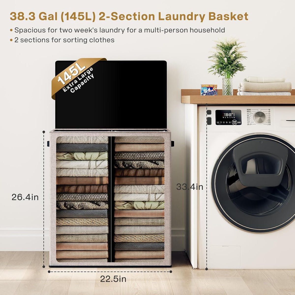 Luxury Double Laundry Hamper with Lid and Removable Bags, 38.3 Gal Large Laundry Bin, Laundry Basket 2 Sections, Collapsible Clothes Hamper for Bedroom, Laundry Room, Bathroom, Off-white