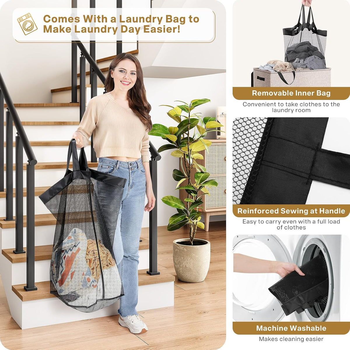 Luxury Double Laundry Hamper with Lid and Removable Bags, 38.3 Gal Large Laundry Bin, Laundry Basket 2 Sections, Collapsible Clothes Hamper for Bedroom, Laundry Room, Bathroom, Off-white