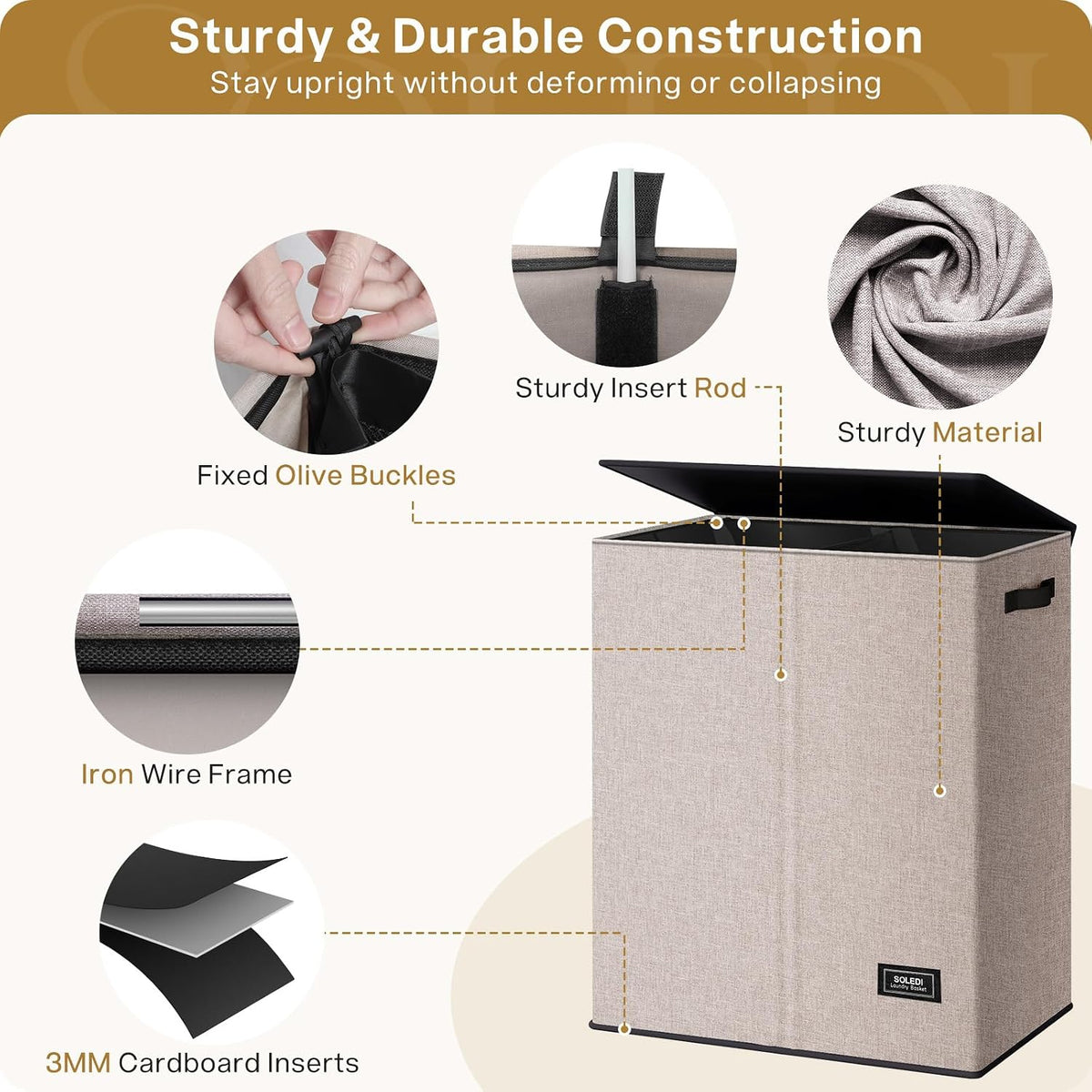 Luxury Double Laundry Hamper with Lid and Removable Bags, 38.3 Gal Large Laundry Bin, Laundry Basket 2 Sections, Collapsible Clothes Hamper for Bedroom, Laundry Room, Bathroom, Off-white