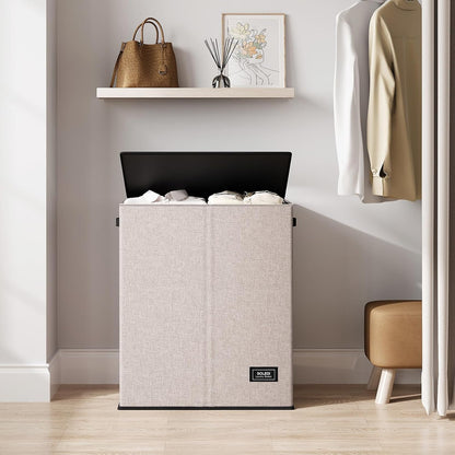 Luxury Double Laundry Hamper with Lid and Removable Bags, 38.3 Gal Large Laundry Bin, Laundry Basket 2 Sections, Collapsible Clothes Hamper for Bedroom, Laundry Room, Bathroom, Off-white