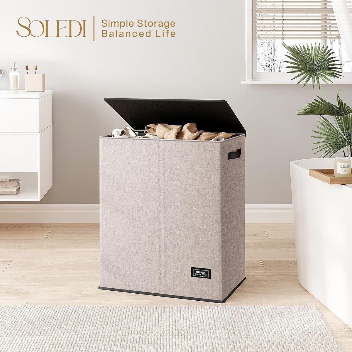 Luxury Double Laundry Hamper with Lid and Removable Bags, 38.3 Gal Large Laundry Bin, Laundry Basket 2 Sections, Collapsible Clothes Hamper for Bedroom, Laundry Room, Bathroom, Off-white